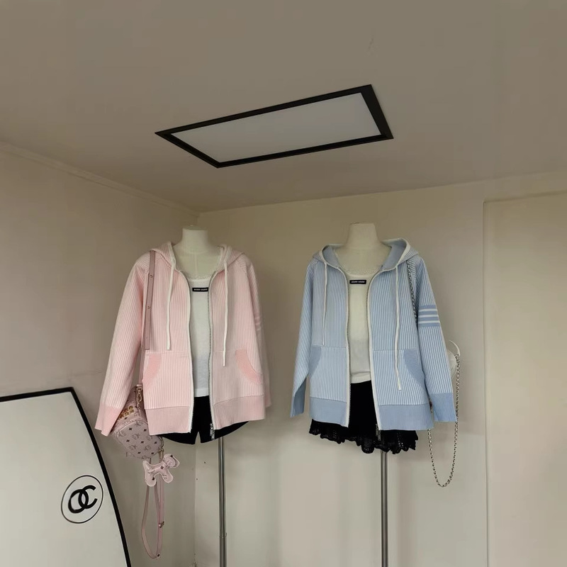 New Warm Heavy Double-Layer Knit Cardigan in Fresh Blue, Fashionable Thick Hooded Sweater