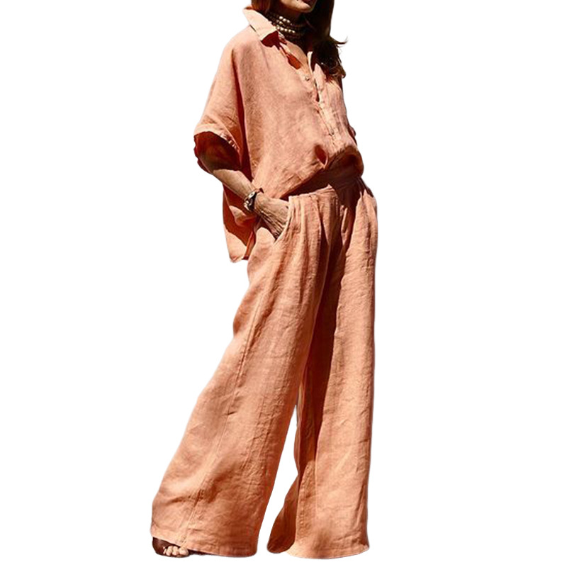 Women's Clothing 2024 Spring and Summer New Ladies Fashion Temperament Solid Color Loose Cotton and Linen Lapel Two piece Set_voghion.com