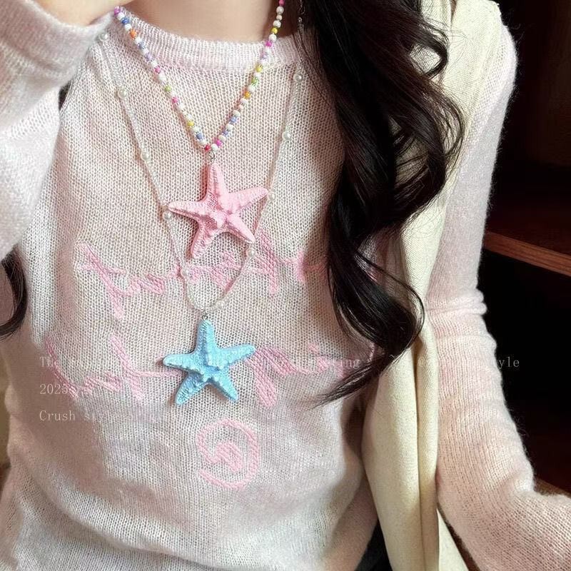 多巴胺长款串珠海星项链女夏天海边海岛度假风夸张黄色锁骨链配饰|undefined
