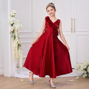 Cross-Border Children's Dress for Girls, V-Neck Bow Long Dress, Piano Dress, Princess Dress, Host Choir Dress Wholesale