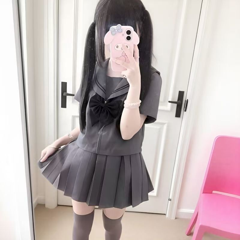 j原创正版JK制服灰色二本学院日系水手服短袖套装校供百褶裙|undefined