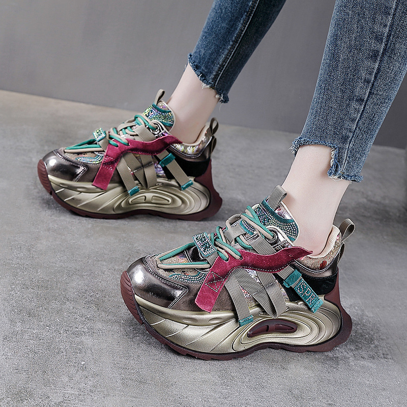 2025 Spring and Autumn New Colorful Dad Shoes Women's Color Block Shoes Genuine Leather Retro Thick-Soled Sports Shoes Casual Women's Shoes Trbottomy
