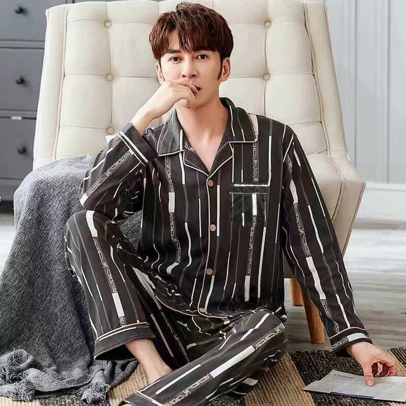 Pijamas de manga larga de los hombres de primavera y otoño de algodón cardigan casual Plaid elegante de los hombres desgaste del hogar de Otoño de algodón más traje de tamaño