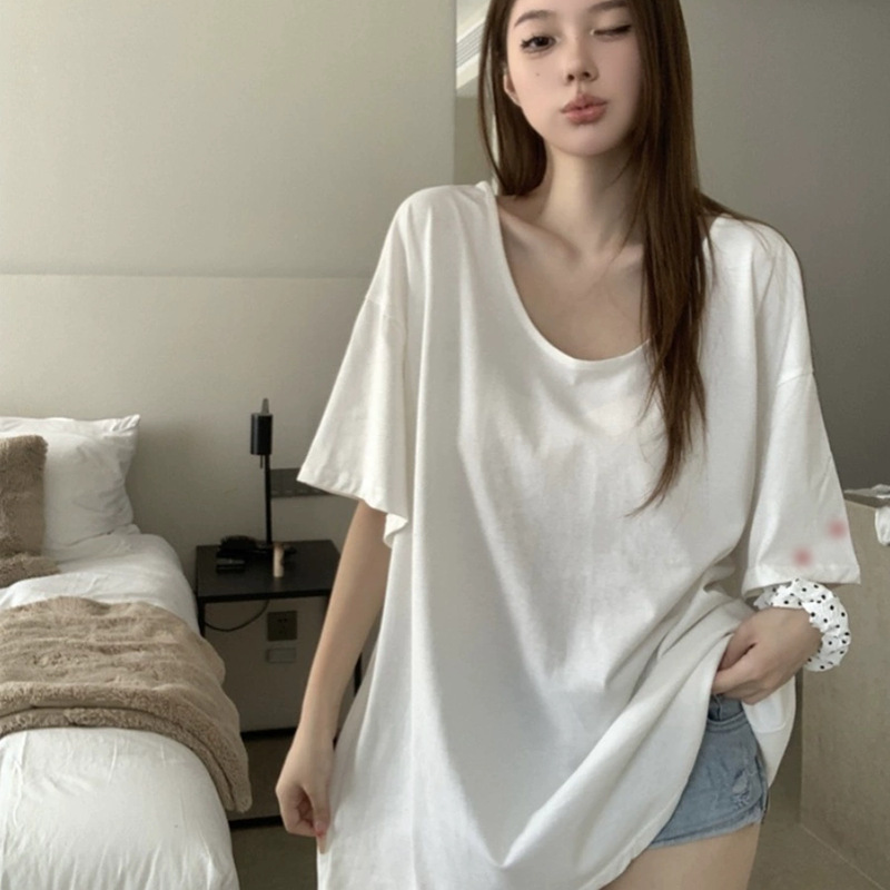 Solid color long summer white short sleeve T-shirt