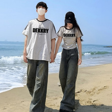 特别的情侣装夏季短袖一长一短2025新款不一样网红三条杠纯棉T恤