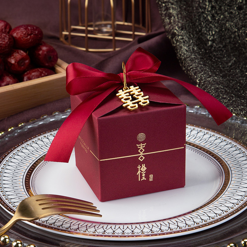 SKU-23-酒红喜礼_酒红丝带_喜字