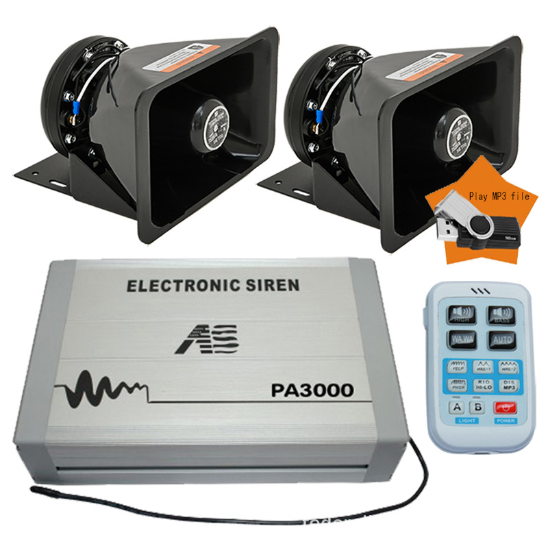 PA3000 car-mounted wireless siren and loudspeaker with high-pitched alarm, USB drive, and MP3 function + Black Hawk speaker