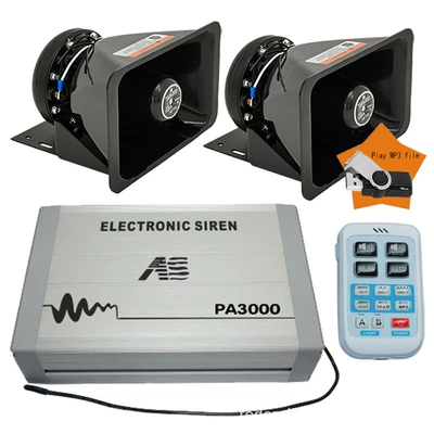 PA3000 car-mounted wireless siren and loudspeaker with high-pitched alarm, USB drive, and MP3 function + Black Hawk speaker (Car horn/tweeter) - mp3-function-pa3000-main-unit-square-speaker-set-12v