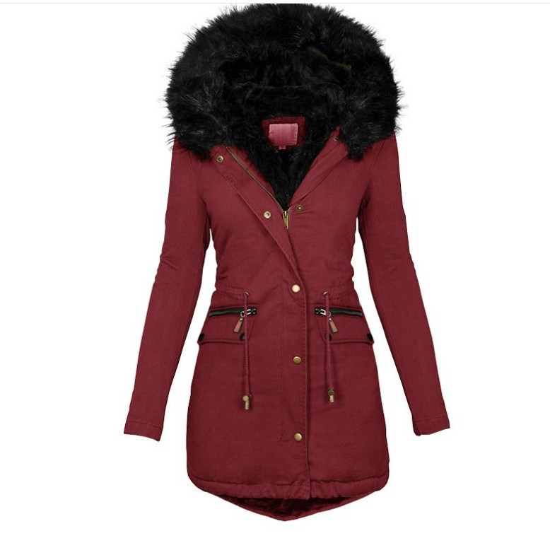 Transfronterizo deseo Amazon ropa de mujer europea y americana de otoño e invierno de color sólido Cuello de piel con capucha de longitud media cálido abrigo de algodón acolchado para las mujeres