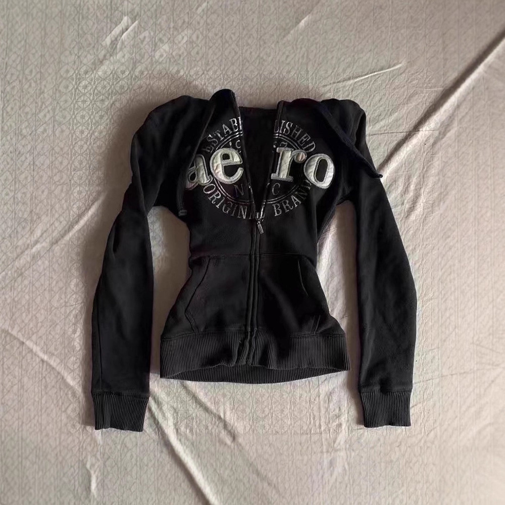 Foreign Trade Cross-Border Temu Retro Versatile Jacket Vintage Design Niche Black Hooded Casual Sweatshirt for Women