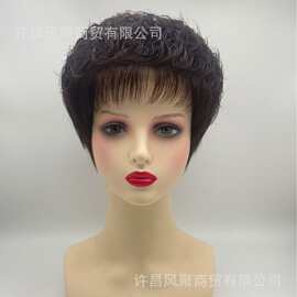 真发包头斜碎刘海妈妈整顶假发波波头真人发丝全手织工艺跨境出口