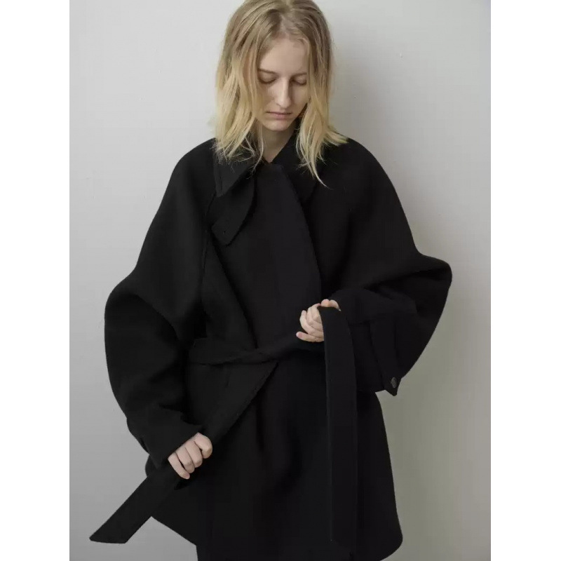 In-Stock 2025 Winter New Korean Dongdaemun Style Tie-Waist Slimming Stand Collar Mid-Length 80% Wool Coat