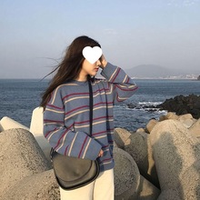 2025秋冬新款韩版慵懒风条纹针织衫宽松打底长袖套头学生毛衣外套