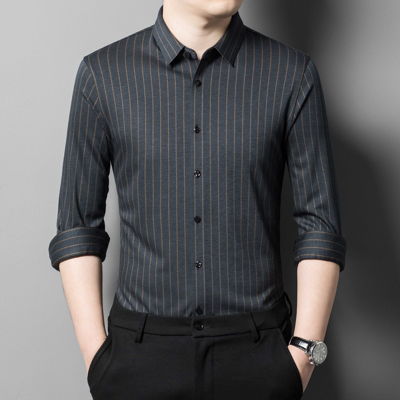 New thick wool long-sleeve shirt for men, striped casual dad-style high-end business knitted warm shirt New thick wool long-sleeve shirt for men, striped casual dad-style high-end business knitted warm shirt