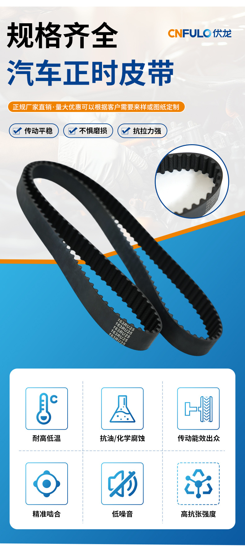 Automotive timing belt, rubber single-sided and double-sided transmission belt, generator timing belt, Volong automotive timing belt