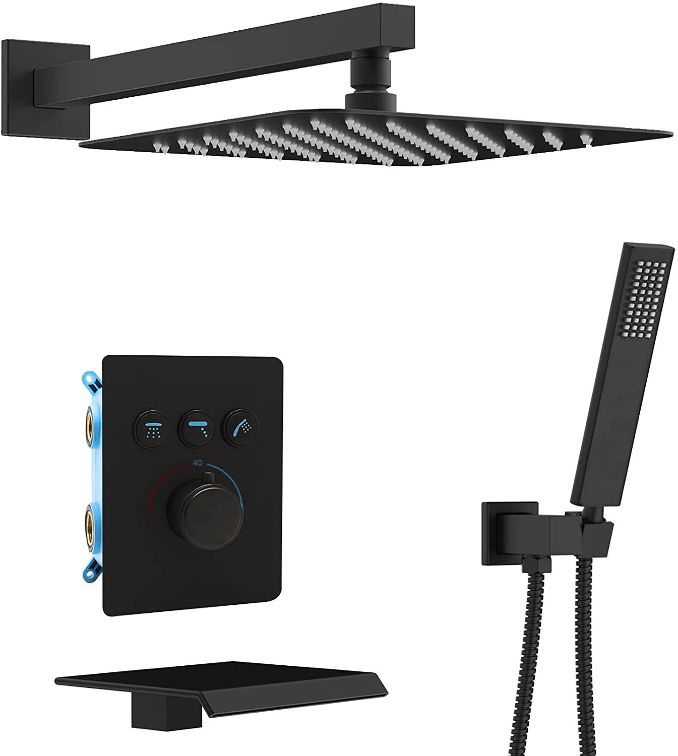 Matte black belt waterfall bathtub nozzle 12-inch thermostatic valve can use all faucet sets at the same time