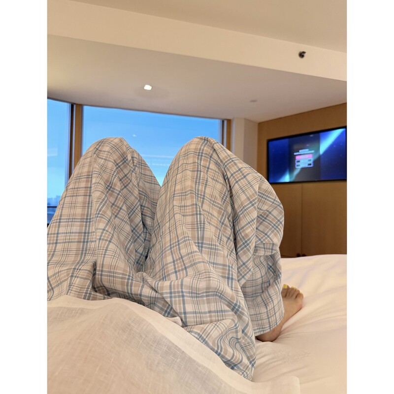 Light Blue Plaid Pants with Contrasting Drawstring Elastic Waistband and Anti-Exposure Lining, Wide-Leg Pants # 5391Y