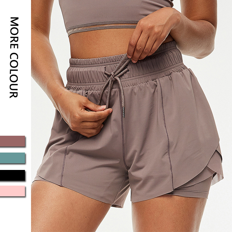 Cross-Border Nude Sports Shorts for Women Amazon Fake Two-Piece Fitness Shorts Anti-Exposure Running Yoga Shorts