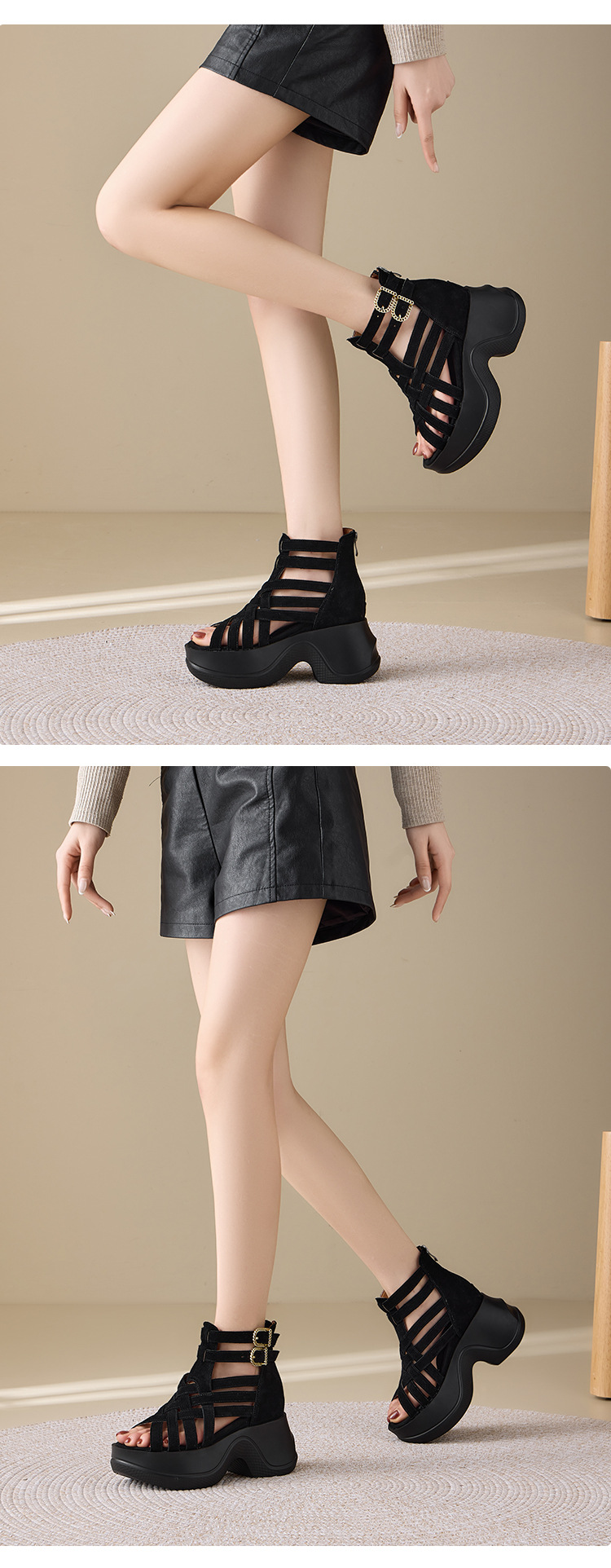 Sandal da bò cổ điển nữ cao cổ quai hậu khóa kéo lỗ thoáng khí — màu đen, màu mơ chi tiết 8