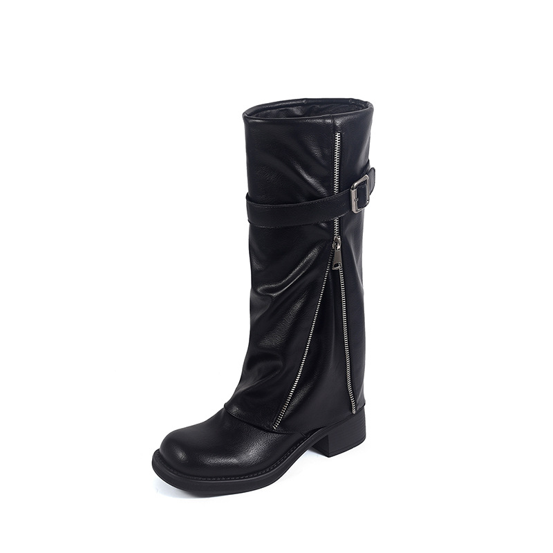 Boot nữ cổ cao ôm bắp chân da thật mũi tròn gót vuông Chunky khóa thắt lưng — màu đen, nâu đậm