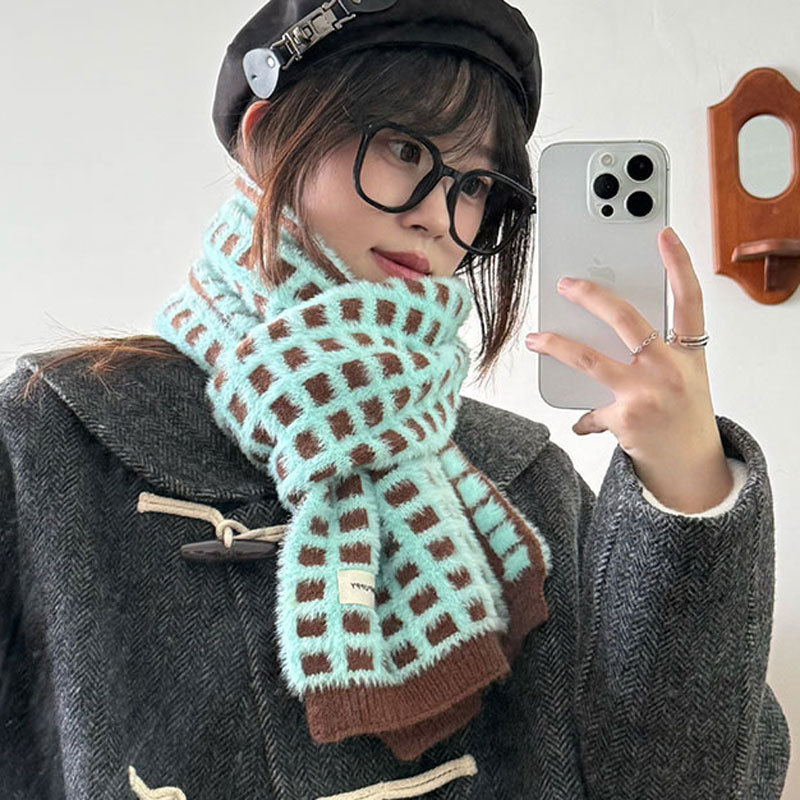 原创设计华夫格饼干格子围巾女秋冬新款韩系氛围感仿羊绒保暖围脖|undefined
