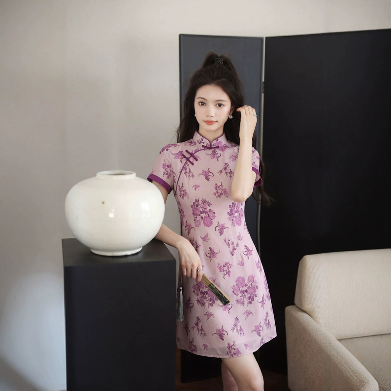 New Chinese-Style Elegant Improved Cheongsam Dress for Women, Summer High-End Temperament, Age-Reducing, Tummy-Concealing, Slimming A-Line Dress