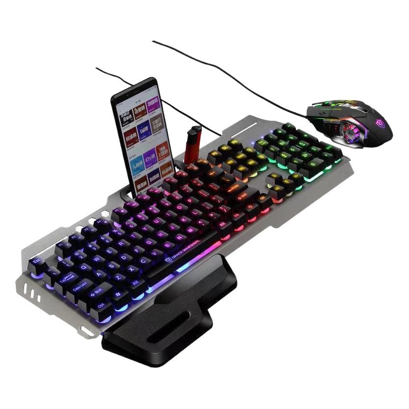 Kit de teclado y ratón gaming con luz LED, reposamuñecas y perilla metálica.