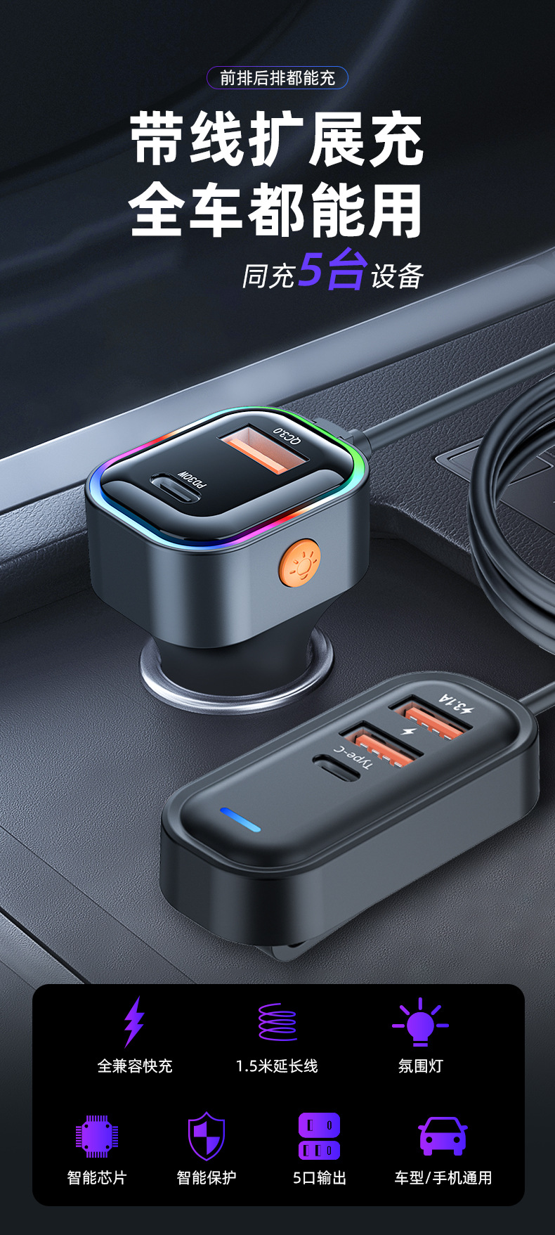 Cross-border new car charger fast charging with rear charging five-port car charger super fast charging 66W fast charging wholesale