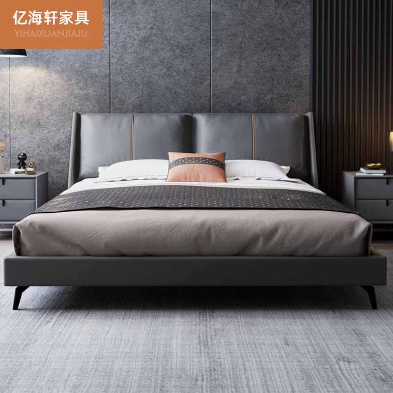 Italiano minimalista cama de cuero genuino moderno minimalista de lujo ligero bolsa suave cama doble dormitorio cama de boda cama de 2 m de alta gama dormitorio principal cama