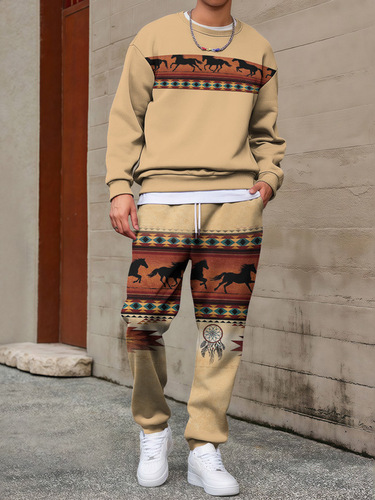 Hot bohemian style independent station cross-border men's fashion brand trend fashionable round collar long-sleeved sweater pants set