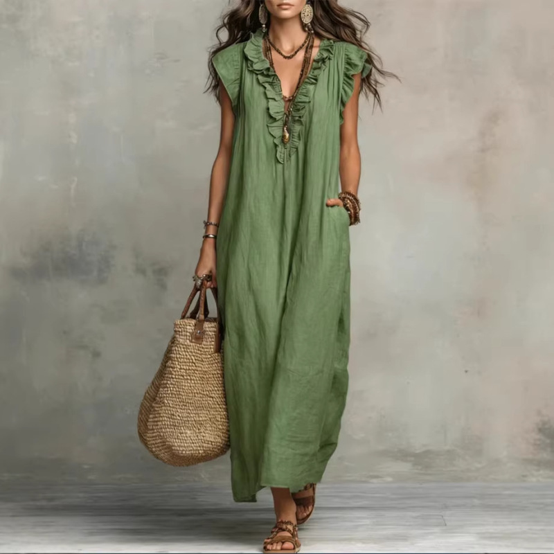 European and American Independent Websites Amazon Aliexpress 2026 Spring and Summer New Bohemian Flutter-Sleeve Floor-Length Dress