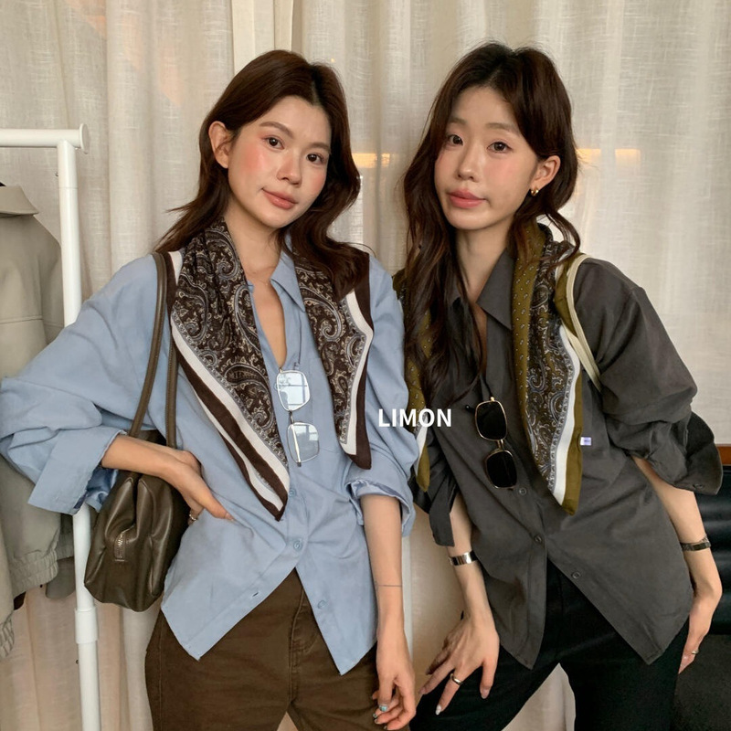 Lemon green tea autumn Korean-style design, back-tie waist-cinching long-sleeve shirt with a mandarin collar, 11355 (comes with a silk scarf) Lemon green tea autumn Korean-style design, back-tie waist-cinching long-sleeve shirt with a mandarin collar, 11355 (comes with a silk scarf)