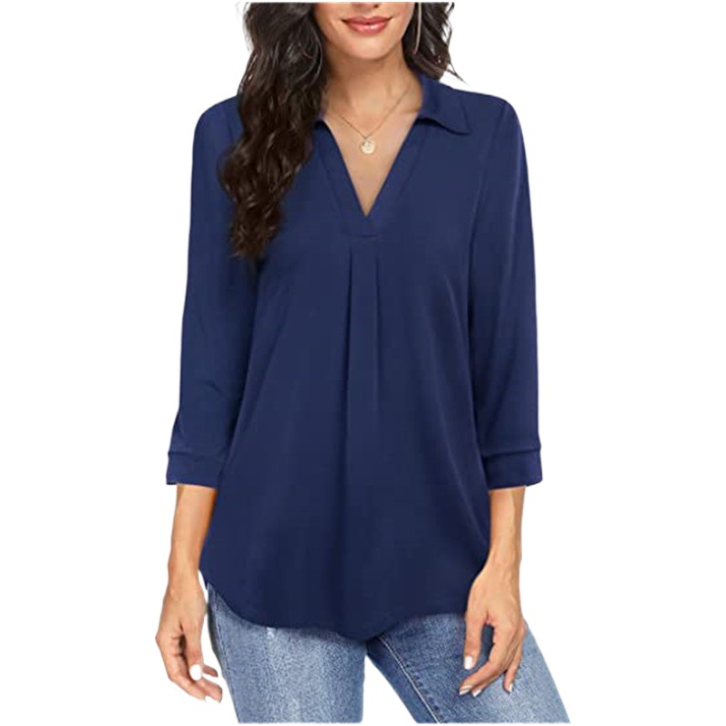 2024 transfronteriza Amazon nuevo europeo y americano elegante Botón de gasa de las mujeres suelta cuello en V 3/4 camisa de manga superior