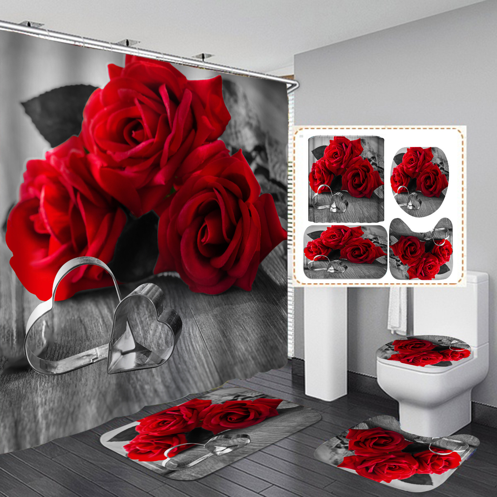 Rose negra cortina de baño de día de San Valentín impermeable a prueba de agua de acero de sombra cortina de baño plegable impermeable de secado rápido decoración romántica