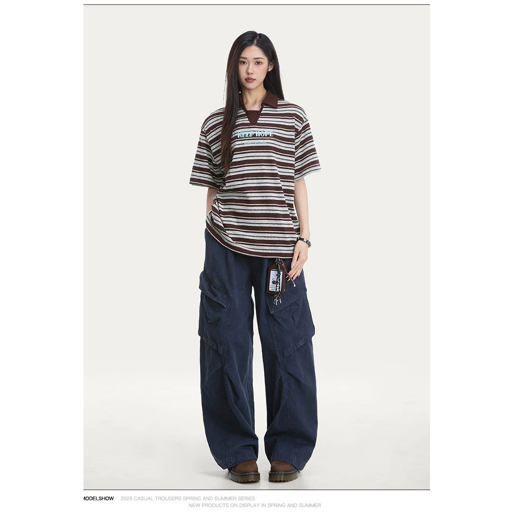 RESUMM American Retro College Style Striped Short-Sleeve Polo Shirt for Women, 2026 Summer New Loose Casual Top