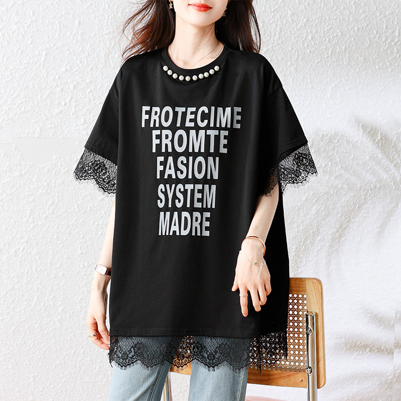 Plus Size Women's Clothing 2025 Summer New Lace Round Neck Stitching Mid-Length T-Shirt