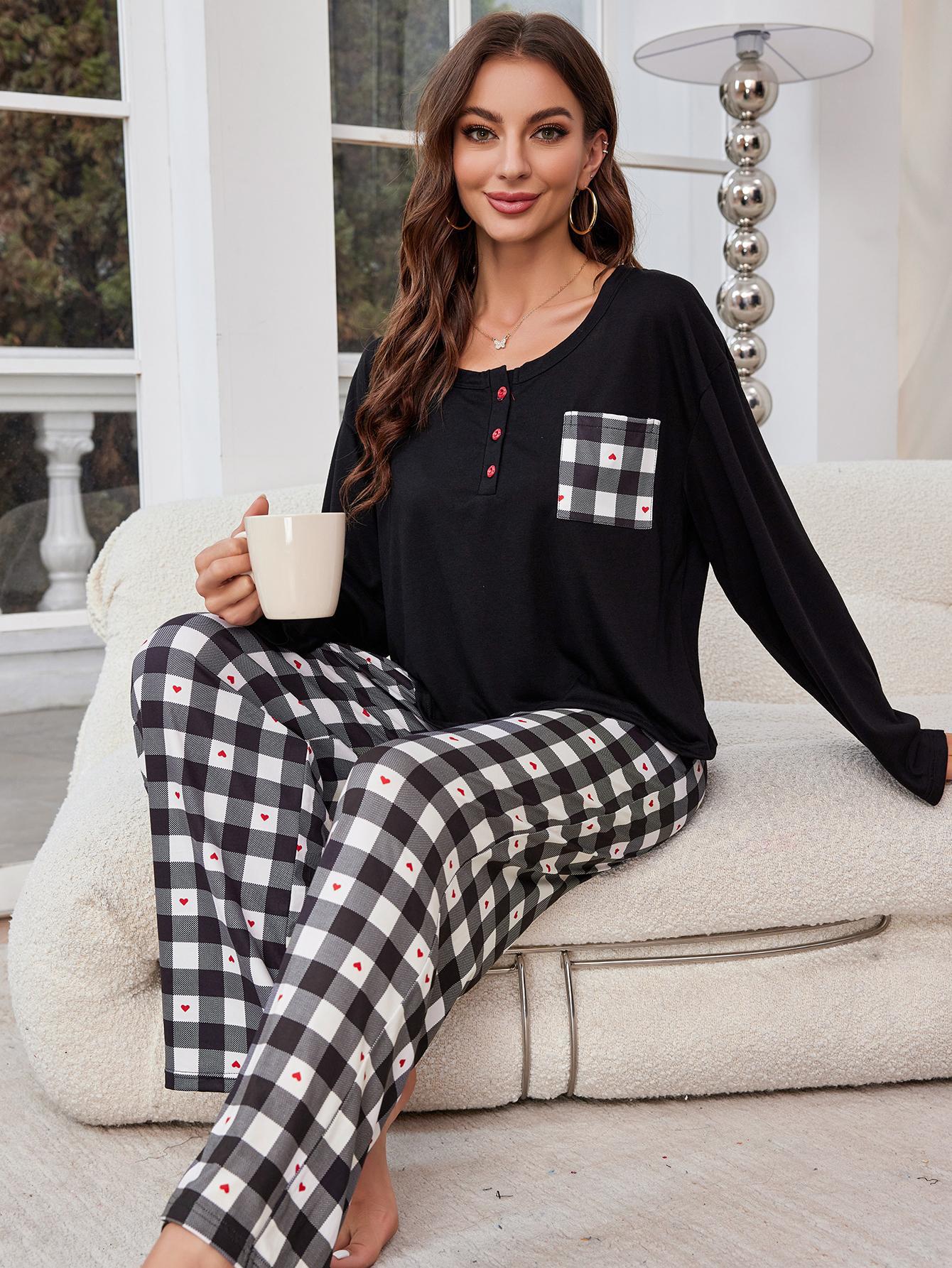 Sleepwear for women, spring and autumn checkered long sleeved cardigan, two-piece home suit_voghion.com