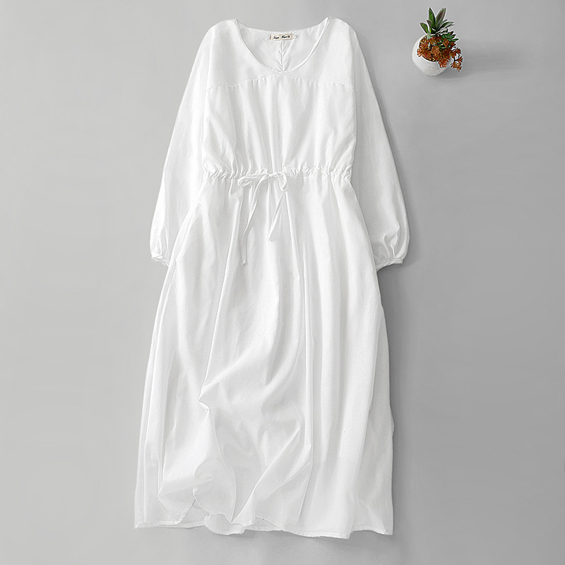 轻盈飘逸高级感气质白色连衣裙女2024夏季新款仙女范长袖圆领长裙