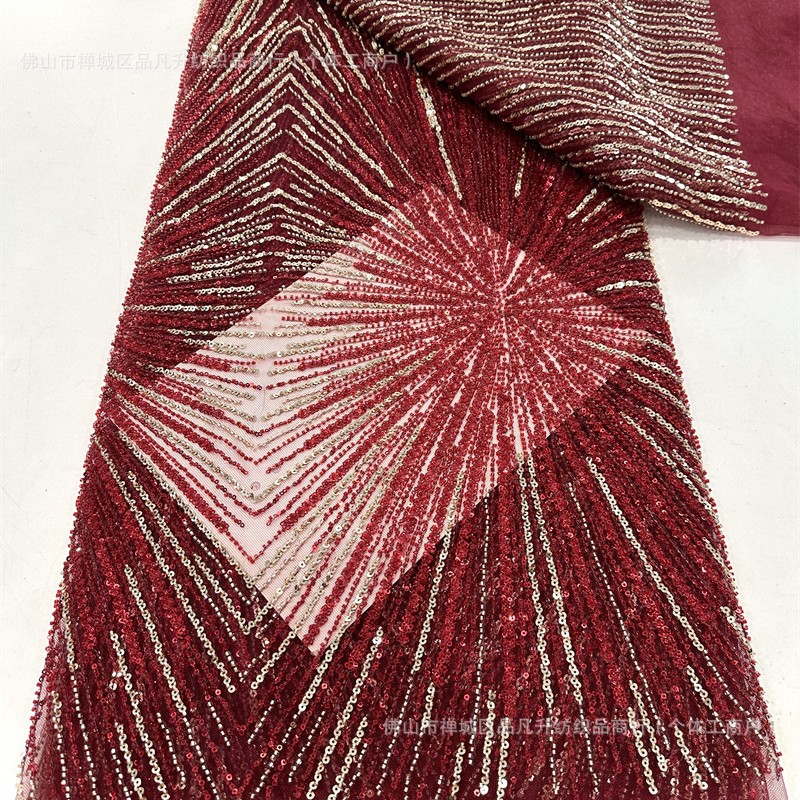 Tela de malla de lentejuelas lista para usar del fabricante, tela de encaje bordado, tela de moda para vestidos de alta costura con líneas tridimensionales