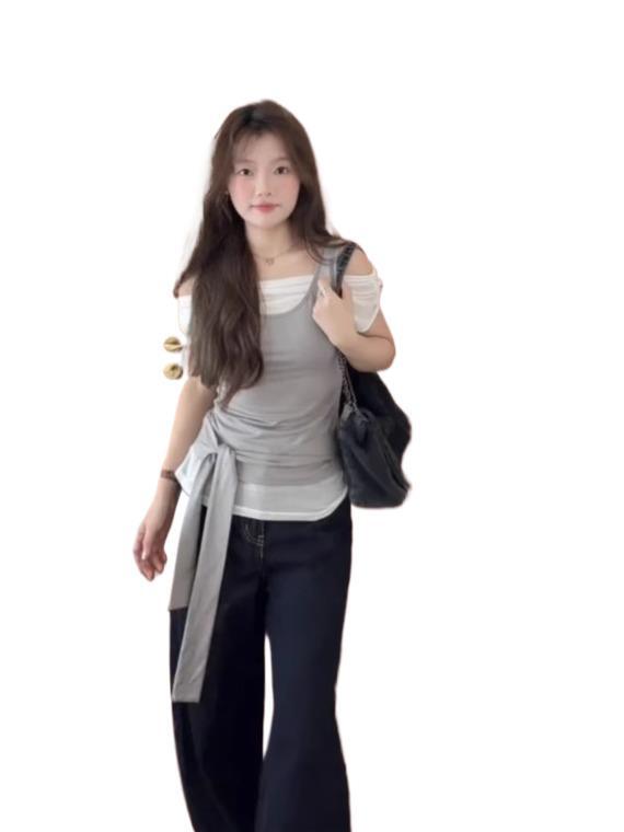 韩系一字露肩假两件短袖t恤女夏季设计感辣妹修身收腰绑带上衣ins|undefined
