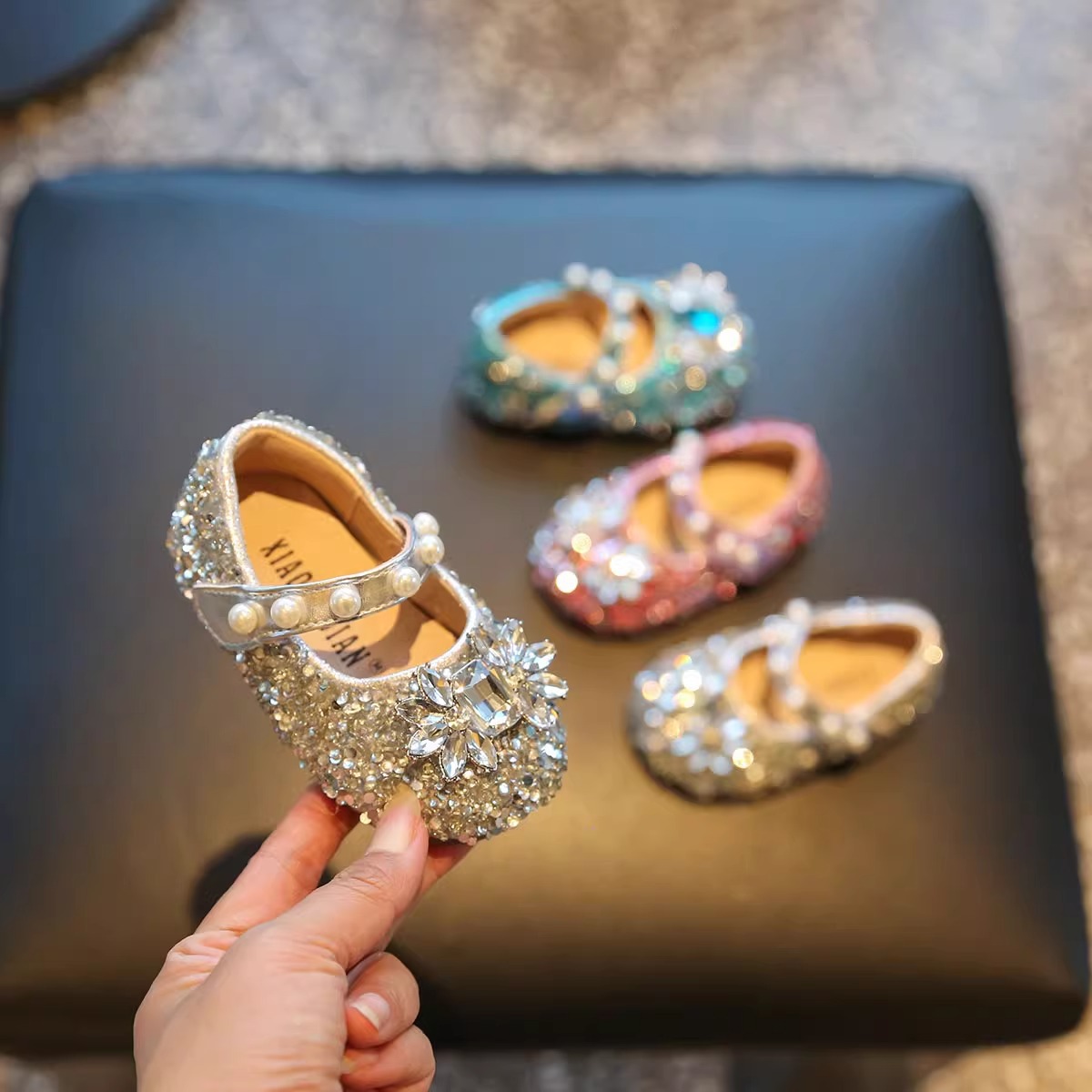 Baby Girl Spring & Fall Princess Shoes Rhinestone Sparkling Pearl Shoes Infant Soft Sole Toddler Shoes Korean Style Foreign Style Children