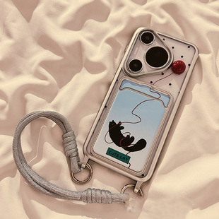 Electroplated Transparent Card Case for Cartoon Huawei mate60Pro Phone Case with Hand Rope PURA70 Soft Case Cat