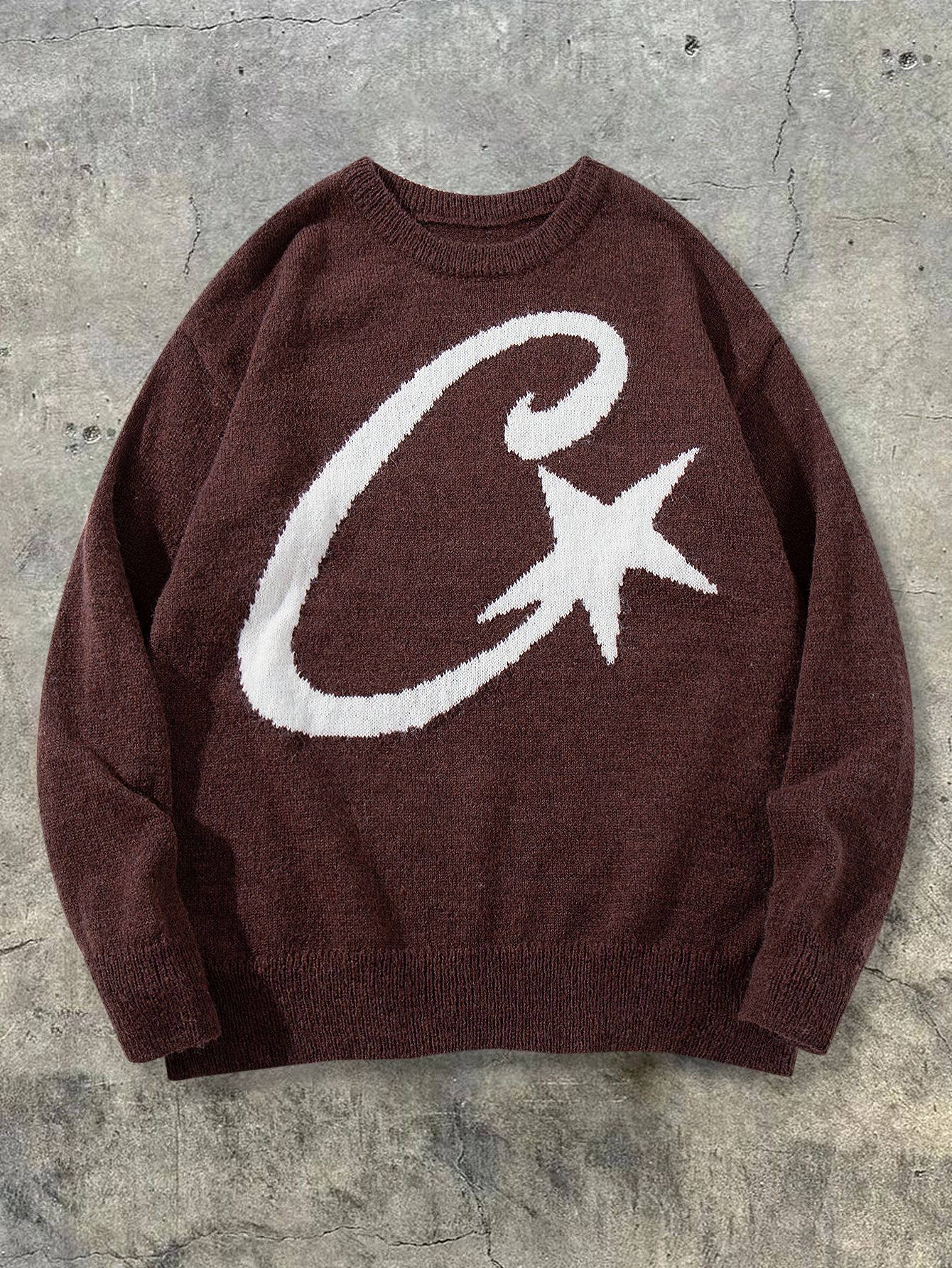 Corteiz C Star Mohair Knit Crewneck Sweater Brown