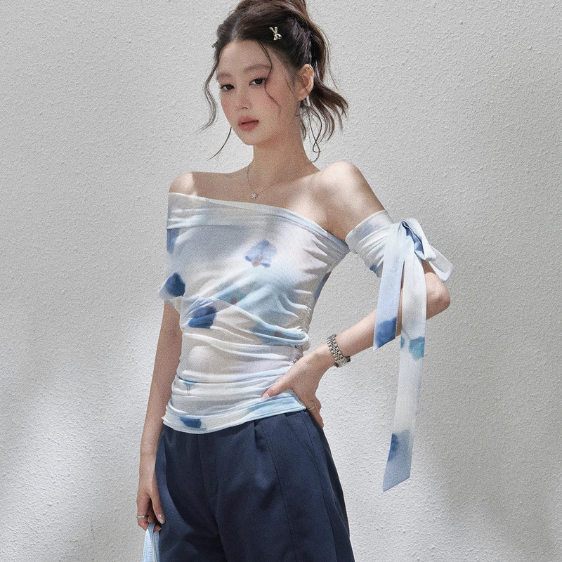 Summer New Style Smudged Elastic Thin Double-Layer Mesh Hem Ribbon Design One-Shoulder T-Shirt Sun Protection Clothing for Women