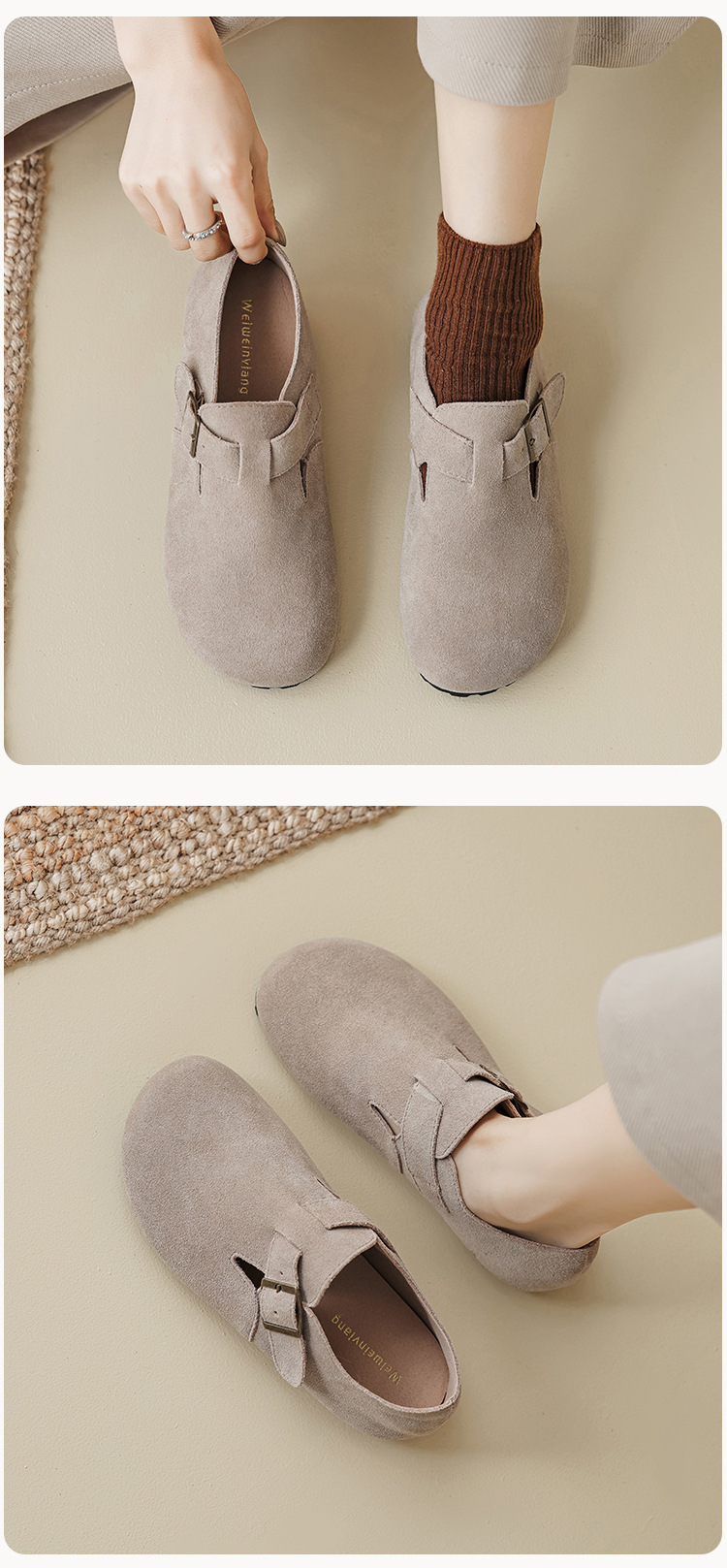 2024 New Women's Genuine Leather Winter Outwear with Plush Shoes Flat Sole, One Step Milard Retro Soft Sole Bucken Single Shoes_voghion.com