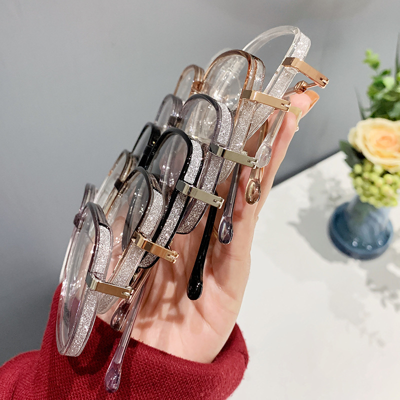 Gafas fotocromáticas con brillo de cielo estrellado, elegante montura cuadrada grande, gafas anti luz azul para mujer, gafas graduadas de alta gama con brillo.
