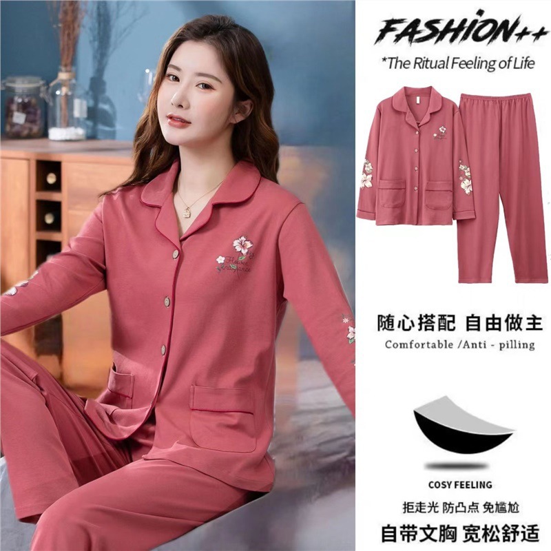 Pijamas de mujer 100% algodón 30-40-50 años con almohadilla en el pecho estilo coreano de manga larga para niña más tamaño Otoño e Invierno confinamiento