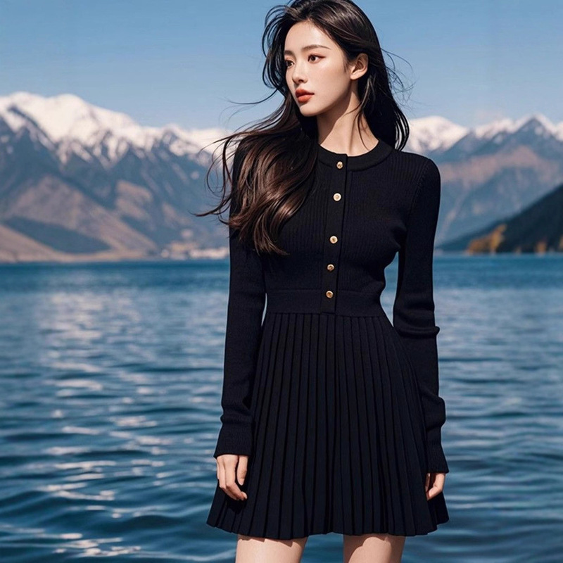 French-Style Black Waist-Cinched Knit Dress for Women, Autumn/Winter 2026 New Model, Suitable for Pairing with a Coat or as a Base Layer Sweater Dress French-Style Black Waist-Cinched Knit Dress for Women, Autumn/Winter 2026 New Model, Suitable for Pairing with a Coat or as a Base Layer Sweater Dress