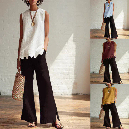 2026春夏亚马逊独立站欧美新款纯色圆领无袖优雅极简波浪下摆上衣