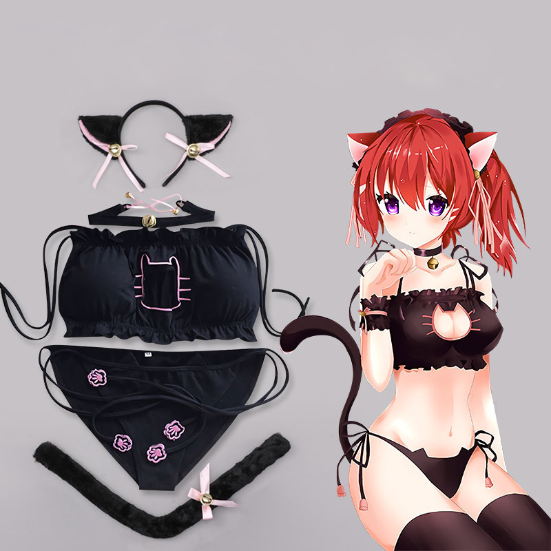 Deadpool Embroidered Bra Anime Cat Open-Chest Cosplay Private Wear Set Tempting Cute Cat Outfit